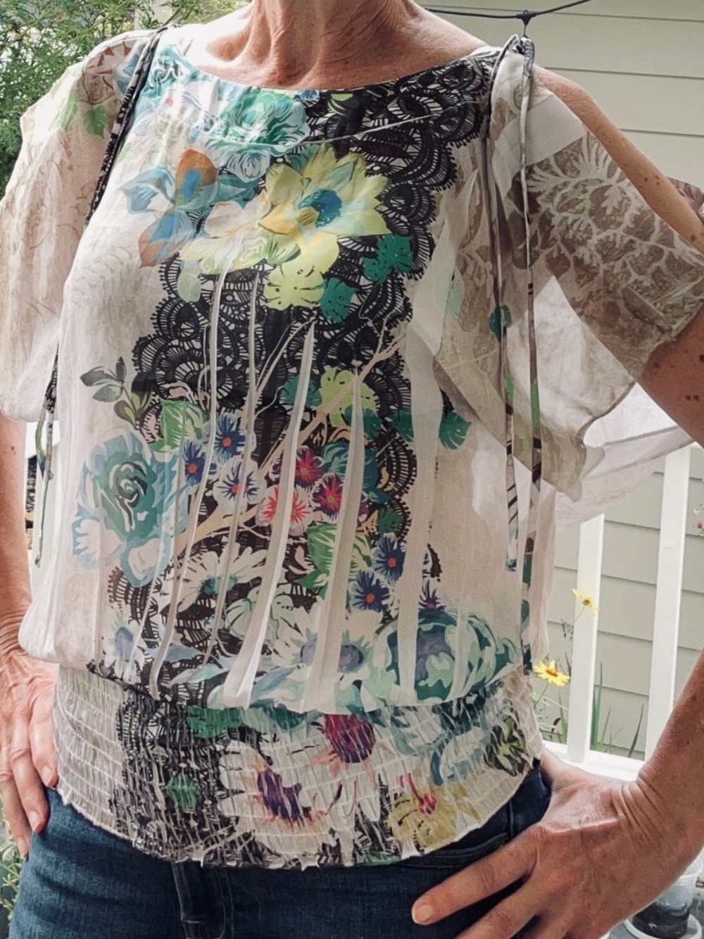 Floral Cold-Shoulder Sheer Blouse in Cream and Teal